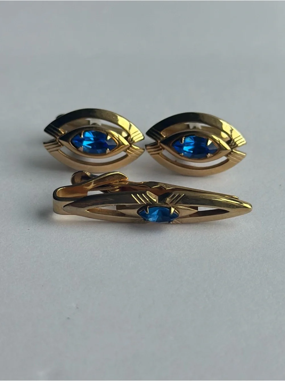 Swank Gold Tone Cufflinks and Tie Clip Set with Blue Stones